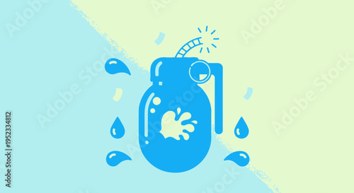 A stylized grenade illustration with a splash, water drops, and confetti on a gradient background