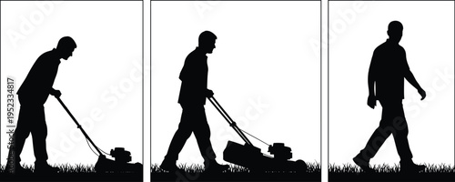 gardener, silhouette, lawn, mowing, grass, worker, outdoor, maintenance, garden, equipment, landscaping, black, vector, illustration, isolated, people, activity, yard, service, set