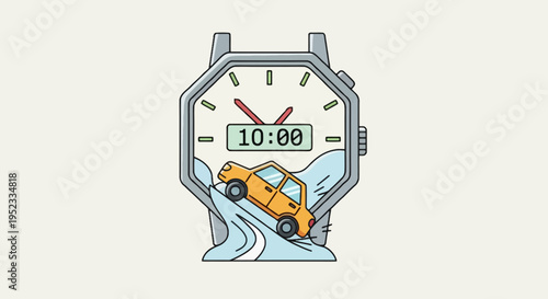 An octagonal watch face displays 1000, with an orange car descending a winding road