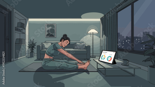 Woman stretching indoors following online fitness class.