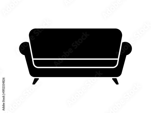 Illustration of a couch. Solid black silhouette with simple shapes, isolated on a light background. 