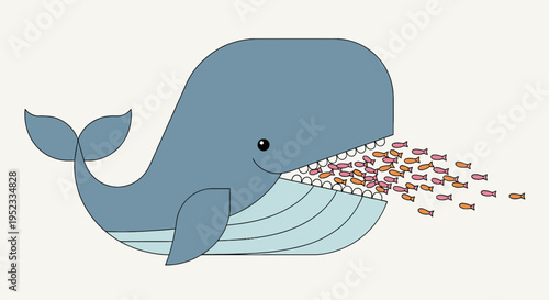 A cartoon whale is consuming small fish. The whale is blue with open mouth and fish