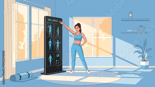 Woman using smart fitness mirror for workout.