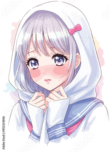 Beautiful anime girl illustration with silver hair, braided pigtails, pink bows, and a white ruffled dress, featuring a soft watercolor style for romantic and youthful designs isolated PNG with