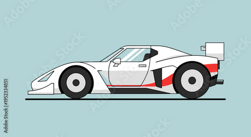Side view of a stylized race car with white body, red stripe, black wheels & background