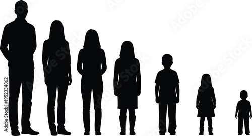 people, silhouettes, height, comparison, growth, human, scale, child, adult, family, stages, development, black, vector, illustration, isolated, diversity, size, progression, collection