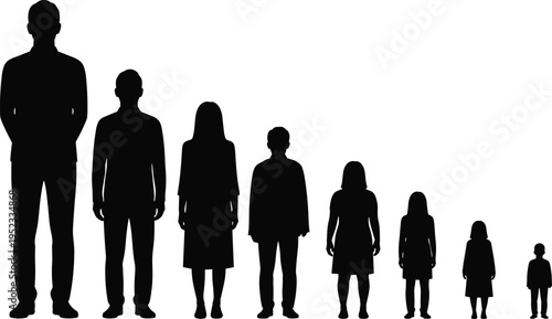 people, silhouettes, height, comparison, growth, human, scale, child, adult, family, stages, development, black, vector, illustration, isolated, diversity, size, progression, concept