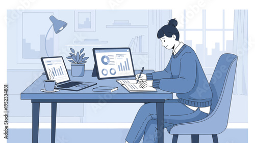 Woman working diligently at her desk with charts and graphs.