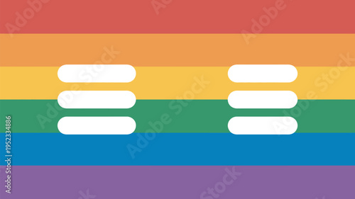 A vibrant rainbow flag with white equality symbols on a colorful background
