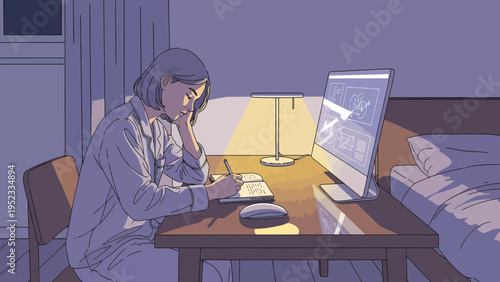 Woman working on computer late at night in dimly lit room.