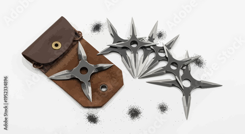 A collection of ninja shurikens, some with a leather pouch. Small ink splashes on white