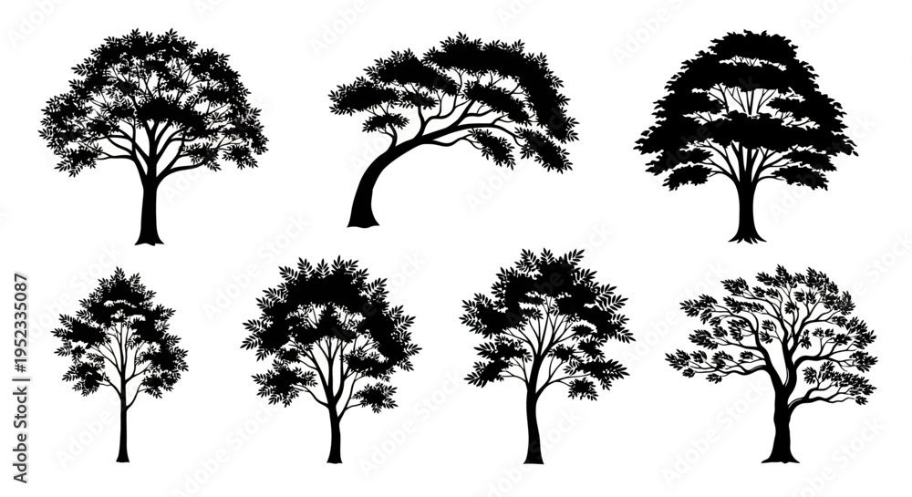 Fototapeta premium Collection of Diverse Tree Silhouettes Isolated on White Background