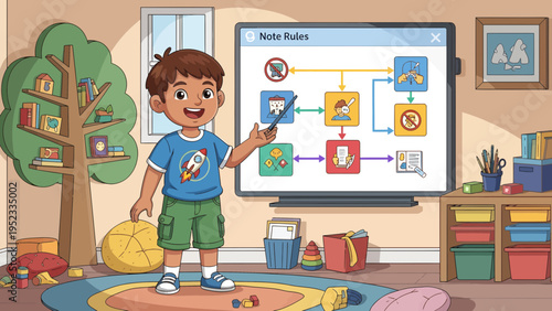 Young boy enthusiastically presenting a flowchart on a digital screen.