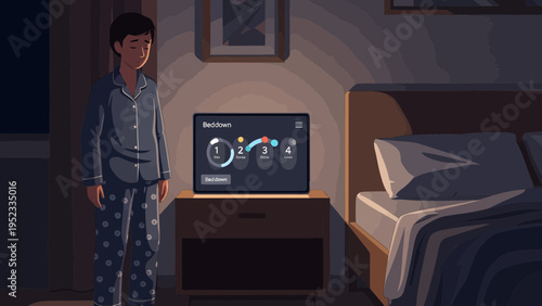 Young boy in pajamas standing in bedroom at night.