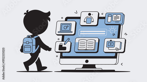 A cartoon boy with a backpack walking towards a large computer with educational icons floating around it.