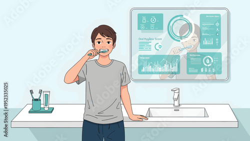 Young man brushing teeth in modern bathroom.