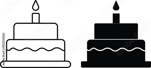 Two-tiered birthday cake with a lit candle, presented as both an outline icon and a solid black silhouette.