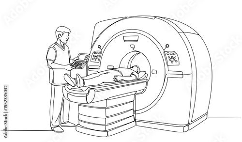 A medical professional operating a CT scanner with a patient inside