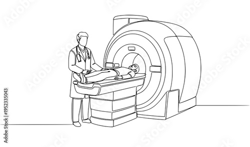 A doctor prepares a patient for an MRI scan in a modern hospital