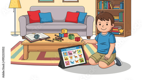 Young boy learning on tablet computer in living room.
