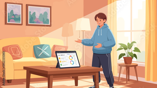 Young man in casual clothes practicing presentation on tablet at home.