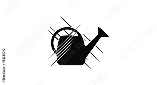 Stylized black watering can icon features energetic diagonal line accents.