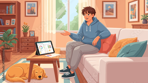 Young man in hoodie having online meeting on tablet.