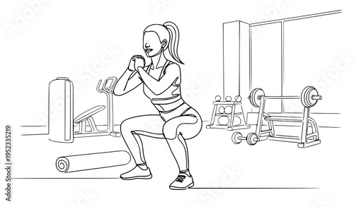 A woman doing squats in a modern gym with exercise equipment