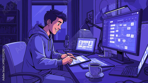 Young man working late on computer at desk.