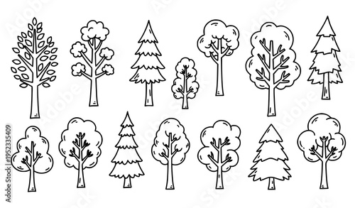 Hand drawn doodle nature trees forest plant tree outline landscape icon vector set