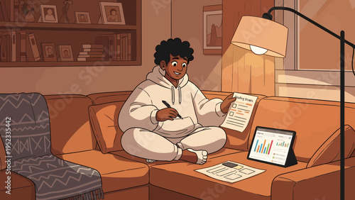 Young person studying diligently on a couch at home.