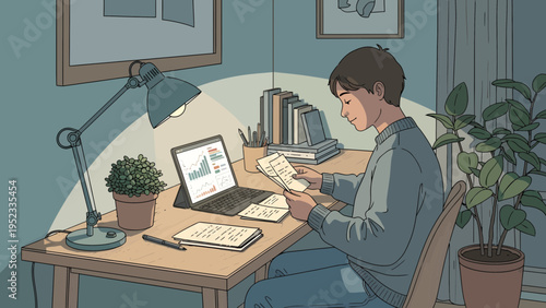 Young person working diligently at a desk with a laptop.