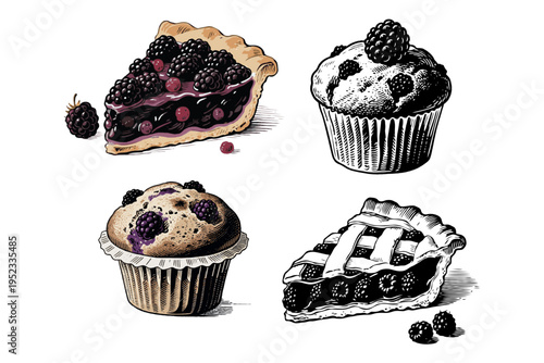 Four blackberry desserts including pies and muffins drawn in hand-drawn engraving style on white background, concept of vintage bakery