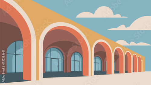 A vibrant illustration of a long building with colorful arches and windows under a blue sky with clouds