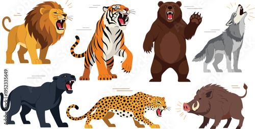 Roaring Wild Animal Collection Featuring Lion, Tiger, Bear, Wolf, Panther, Leopard, and Boar in Aggressive Action Poses for Wildlife Illustration and Design Projects.