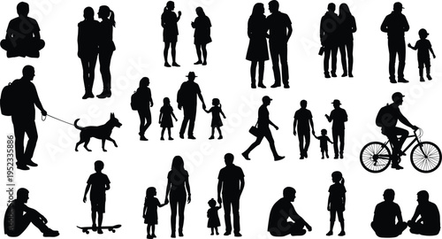 People silhouettes collection, family, couples, walking, sitting, children, lifestyle activities, urban crowd figures, black vector illustration isolated set