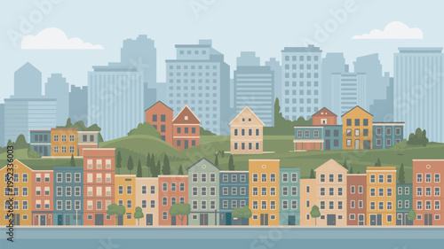 A colorful illustration of a small town with houses and skyscrapers in the background.