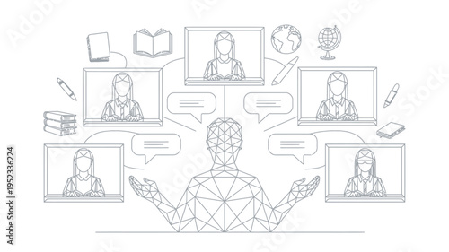 A geometric figure engaging in a virtual meeting with multiple people on screens, surrounded by educational icons.