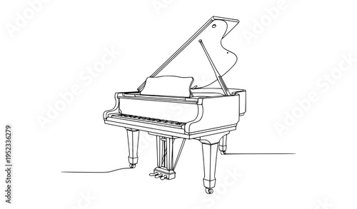 A minimalist line art illustration of a grand piano on a white background