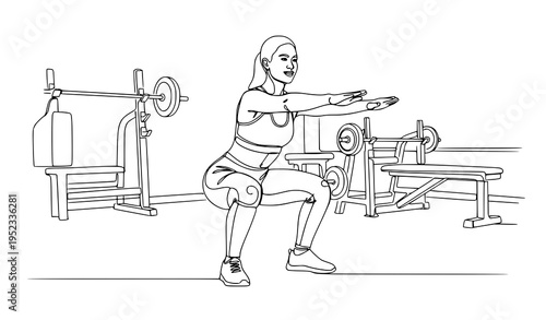 A woman performing a squat exercise in a modern gym with equipment