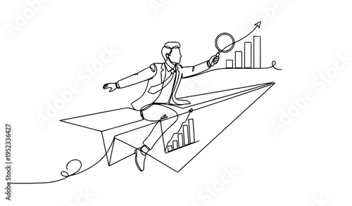 A businessman rides a paper airplane with a magnifying glass in hand