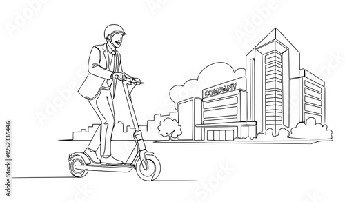 A man in business attire riding an electric scooter in the city