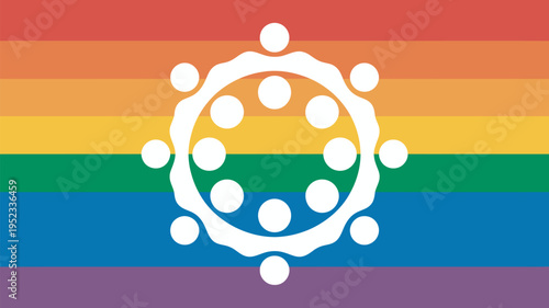 A vibrant rainbow flag with a white circular design symbolizing diversity and inclusivity