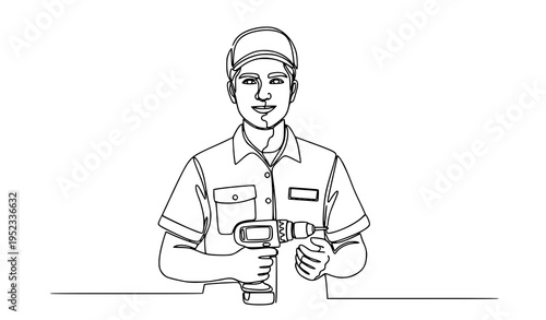 A line drawing of a man holding a power tool in a work setting