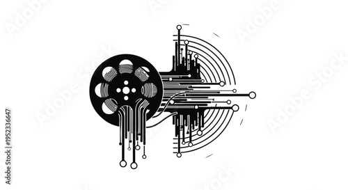 Film reel merges with digital circuitry lines indicating media technology evolution.