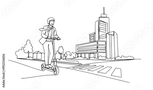 A minimalist line art illustration of a person riding an electric scooter in the city