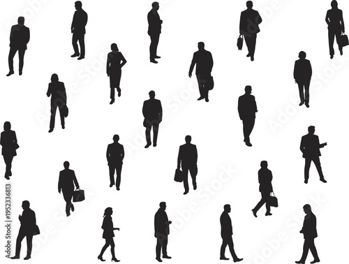 Business people silhouettes walking, corporate crowd isolated, office workers collection, professional men women, commuting figures, urban lifestyle concept, workforce illustration