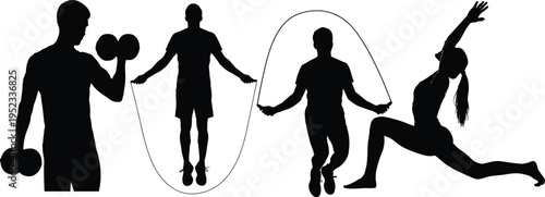 Four silhouette figures engaged in various exercise activities with jump rope and weights