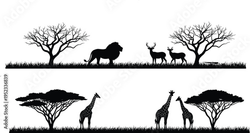 African wildlife silhouette scene with lion, deer and giraffe, savanna landscape trees, nature animal illustration, safari background design isolated