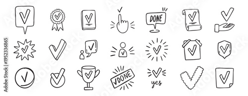hand drawn Set of Approve Related Vector Line Icons. Contains such Icons as Protection Guarantee, Accepted Document, Quality Check. doodle. Suitable for stickers, logos, posters, packaging and.